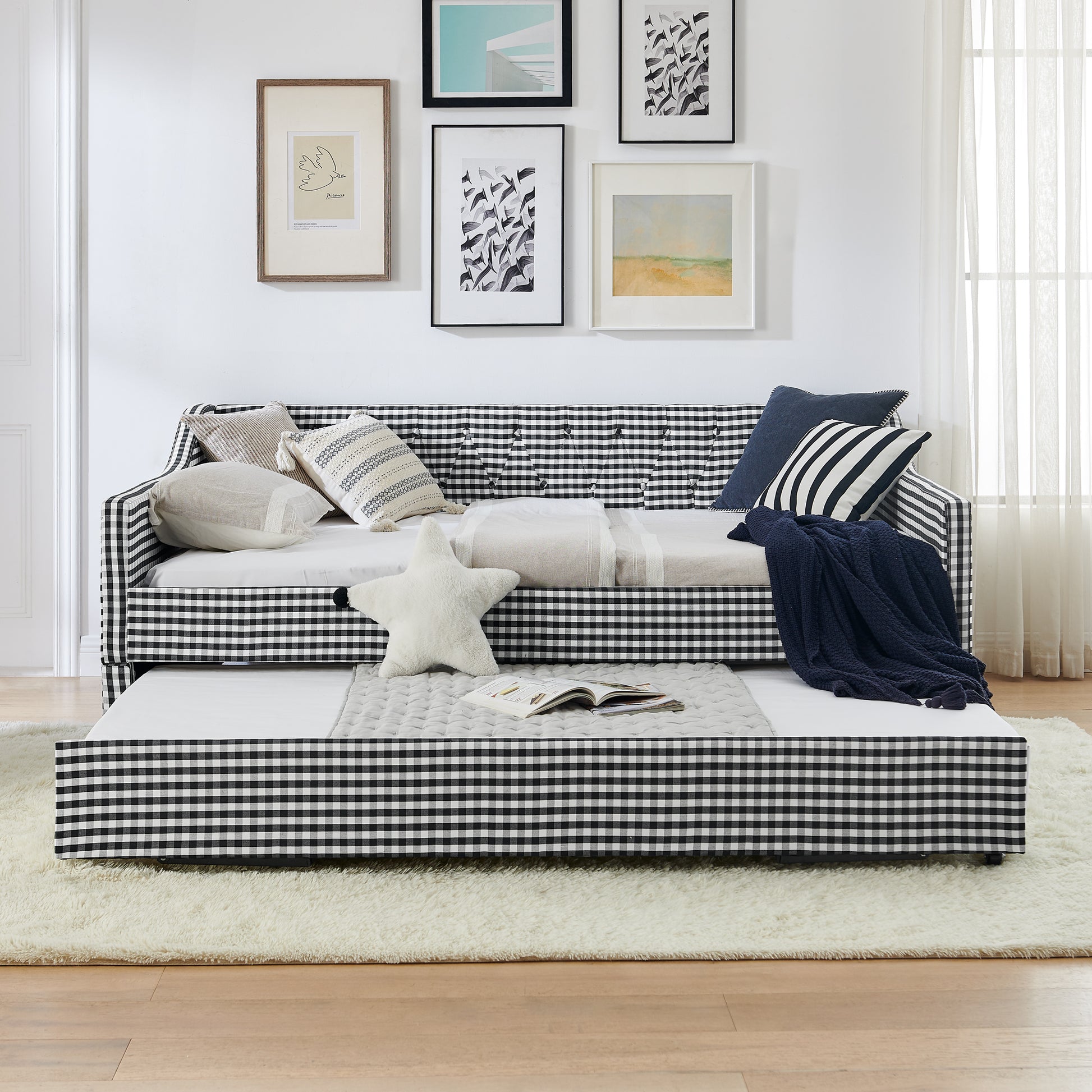 Full‑Size Daybed,Upholstered Convertible Daybed with Tufted Button Backrest, 3‑in‑1 Versatile Sofa Bed with Pull‑Out Trundle & Side Storage, Perfect for Compact Living-Black image 6