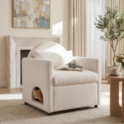 Beige Pet Friendly Accent Chair with Hidden Pet Nook, Acacia Wood Legs, 220lbs Weight Capacity, Modern Upholstered Armchair for Living Room image 1