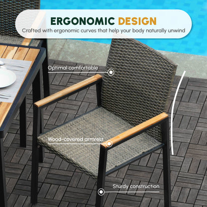 All Weather 7-Piece Patio Dining Table Sets, Patio Conversation Set Acacia Wood Table Top with Umbrella Hole, Rattan Outdoor, Brown Gray Color image 6