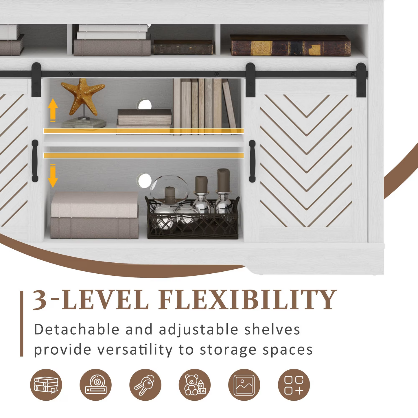 Farmhouse TV Stand for 65+ Inch TV, Tall Entertainment Center with Sliding Barn Doors, Rustic Wood Storage Cabinet Television Media Console for Living Room, Bedroom (Wood-Tone and White) image 6