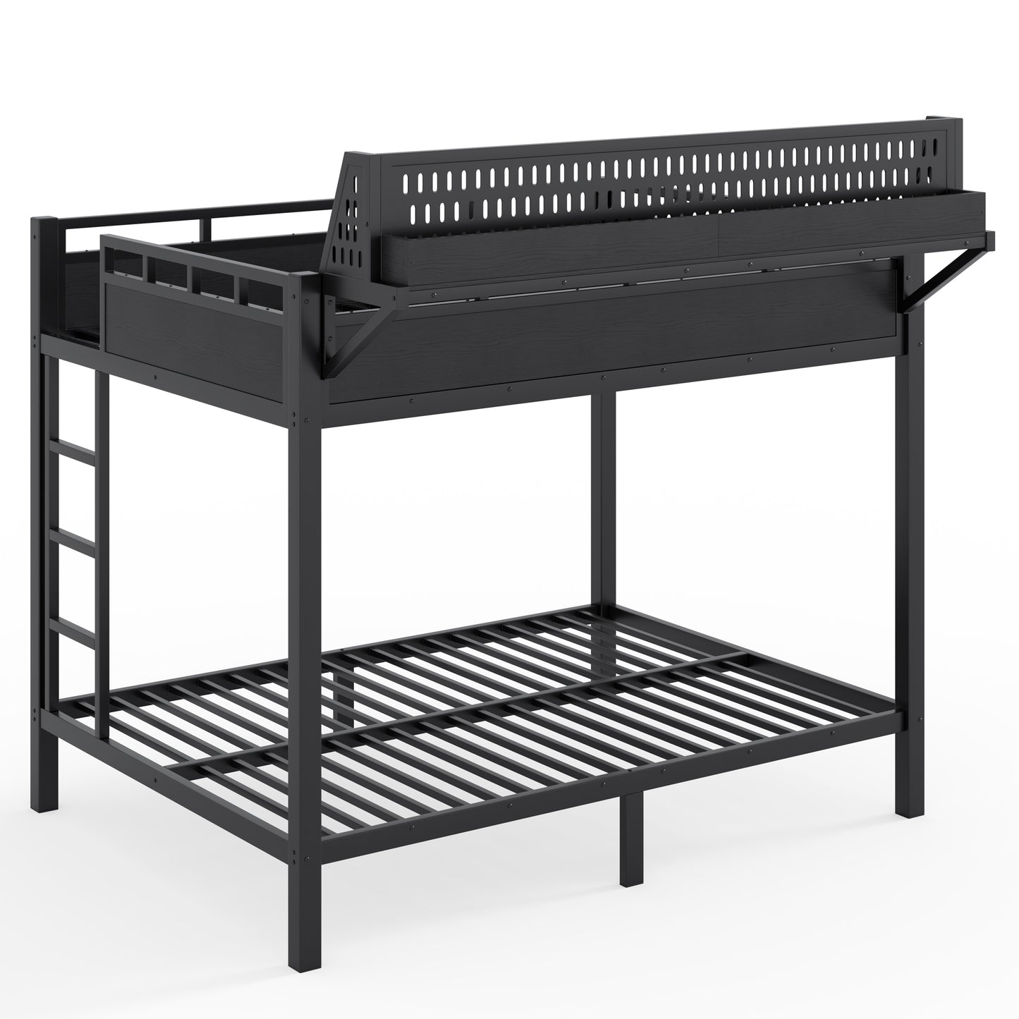 Full over Full Size Metal Bunk Bed with Storage Shelves and Pegboard, Bunk Bed Frame with USB Ports and LED Lights, Space-Saving, for Teens and Adults, Black image 10