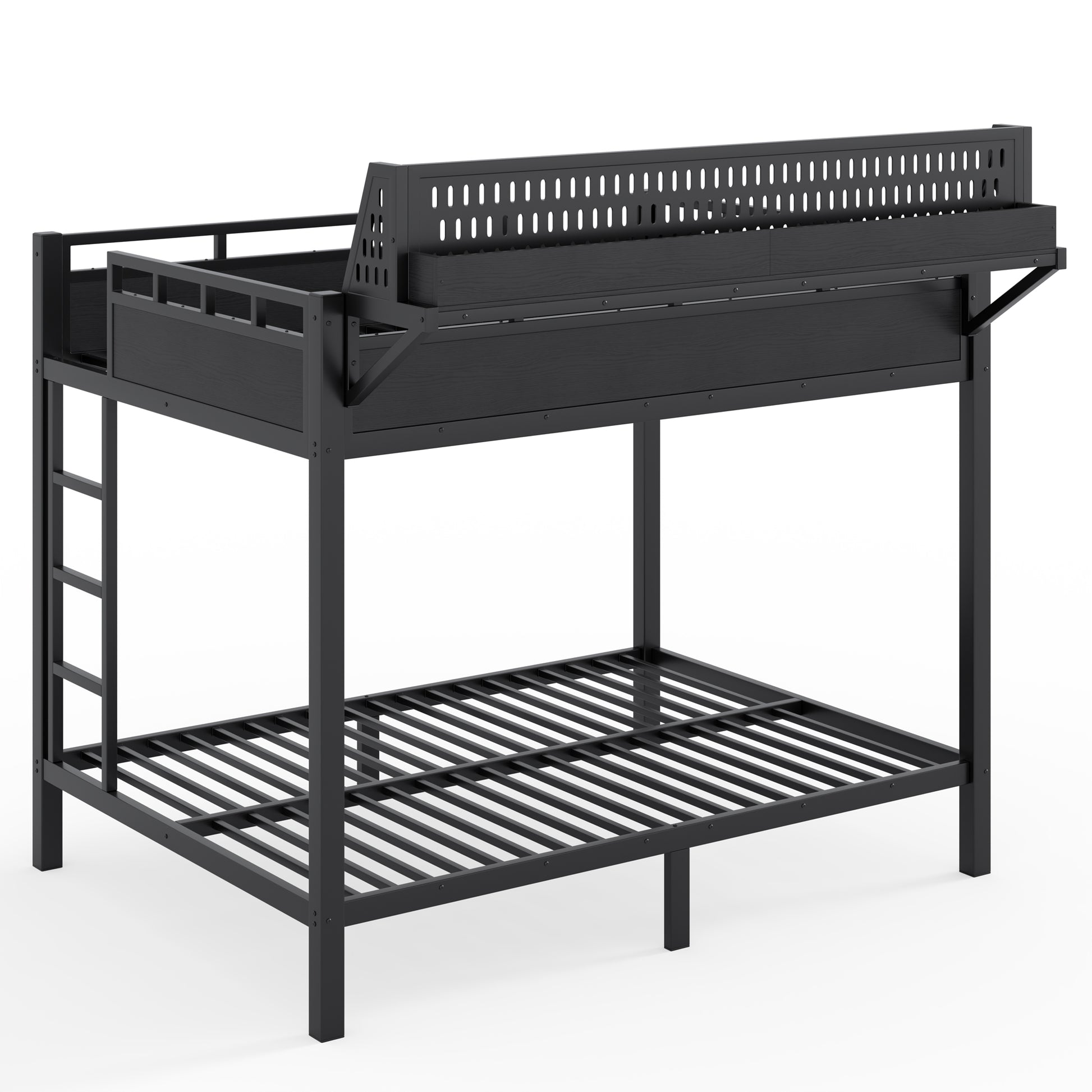 Full over Full Size Metal Bunk Bed with Storage Shelves and Pegboard, Bunk Bed Frame with USB Ports and LED Lights, Space-Saving, for Teens and Adults, Black image 10