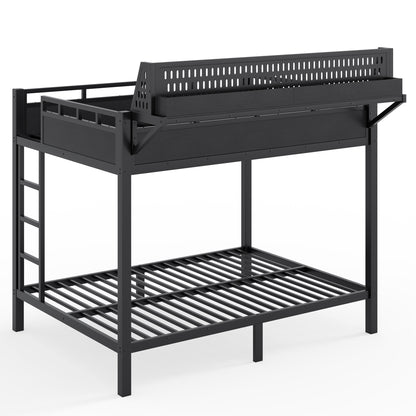 Full over Full Size Metal Bunk Bed with Storage Shelves and Pegboard, Bunk Bed Frame with USB Ports and LED Lights, Space-Saving, for Teens and Adults, Black image 10