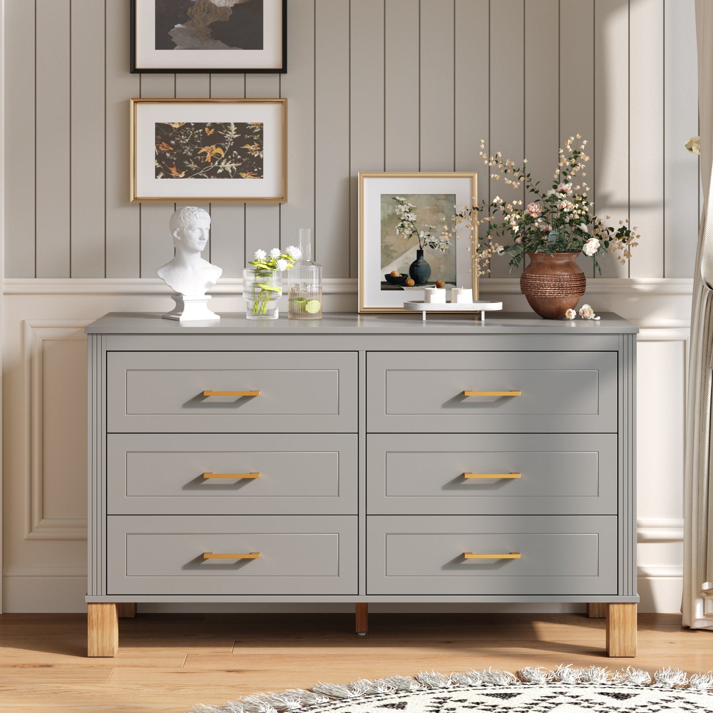 6-Drawer Double Dresser in Gray, Modern Storage Cabinet with Metal Handles & Solid Wood Legs, Dresser Drawer Organizer for Kids Bedroom, Heavy-Duty Wooden Dresser with Pre-Installed image 1
