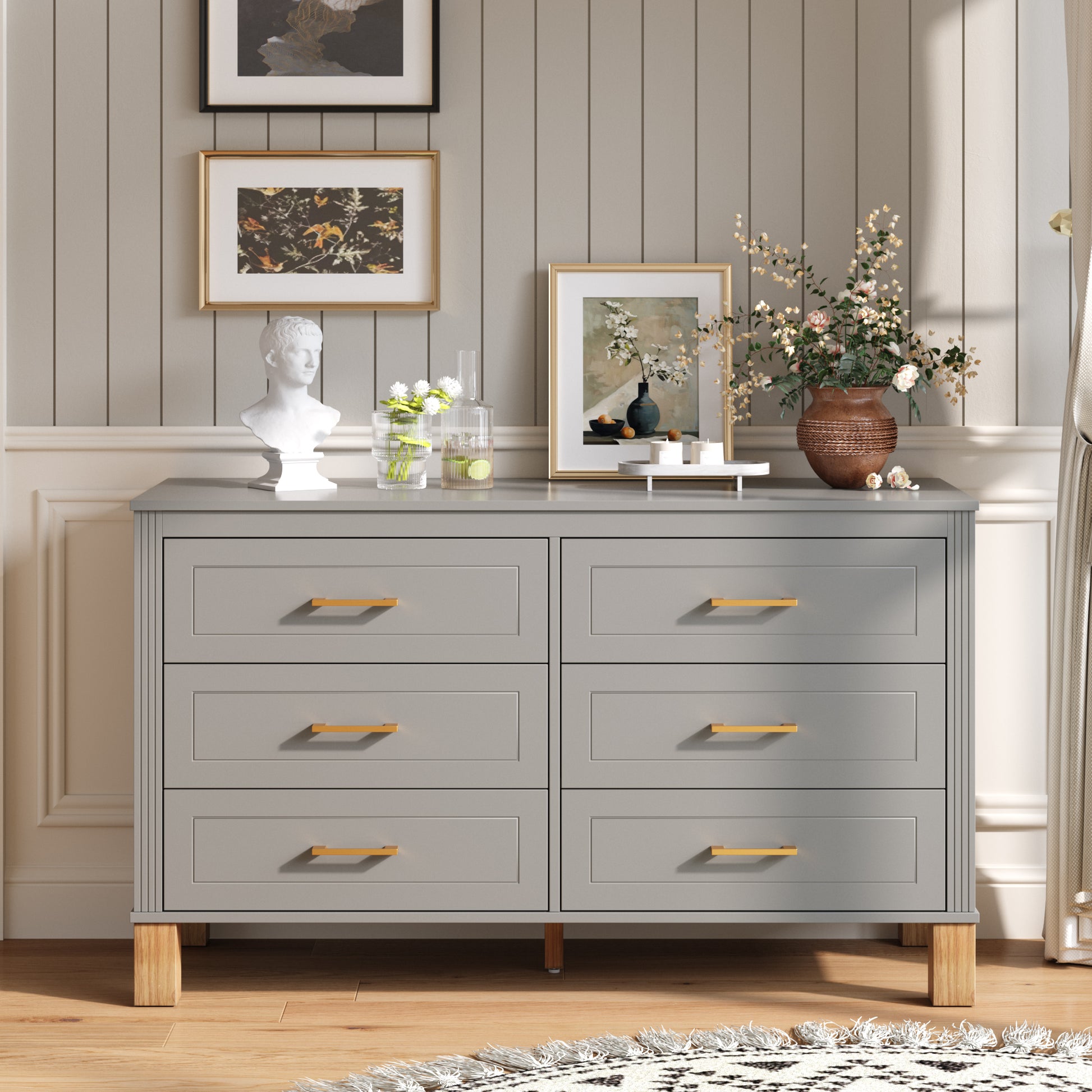 6-Drawer Double Dresser in Gray, Modern Storage Cabinet with Metal Handles & Solid Wood Legs, Dresser Drawer Organizer for Kids Bedroom, Heavy-Duty Wooden Dresser with Pre-Installed image 1