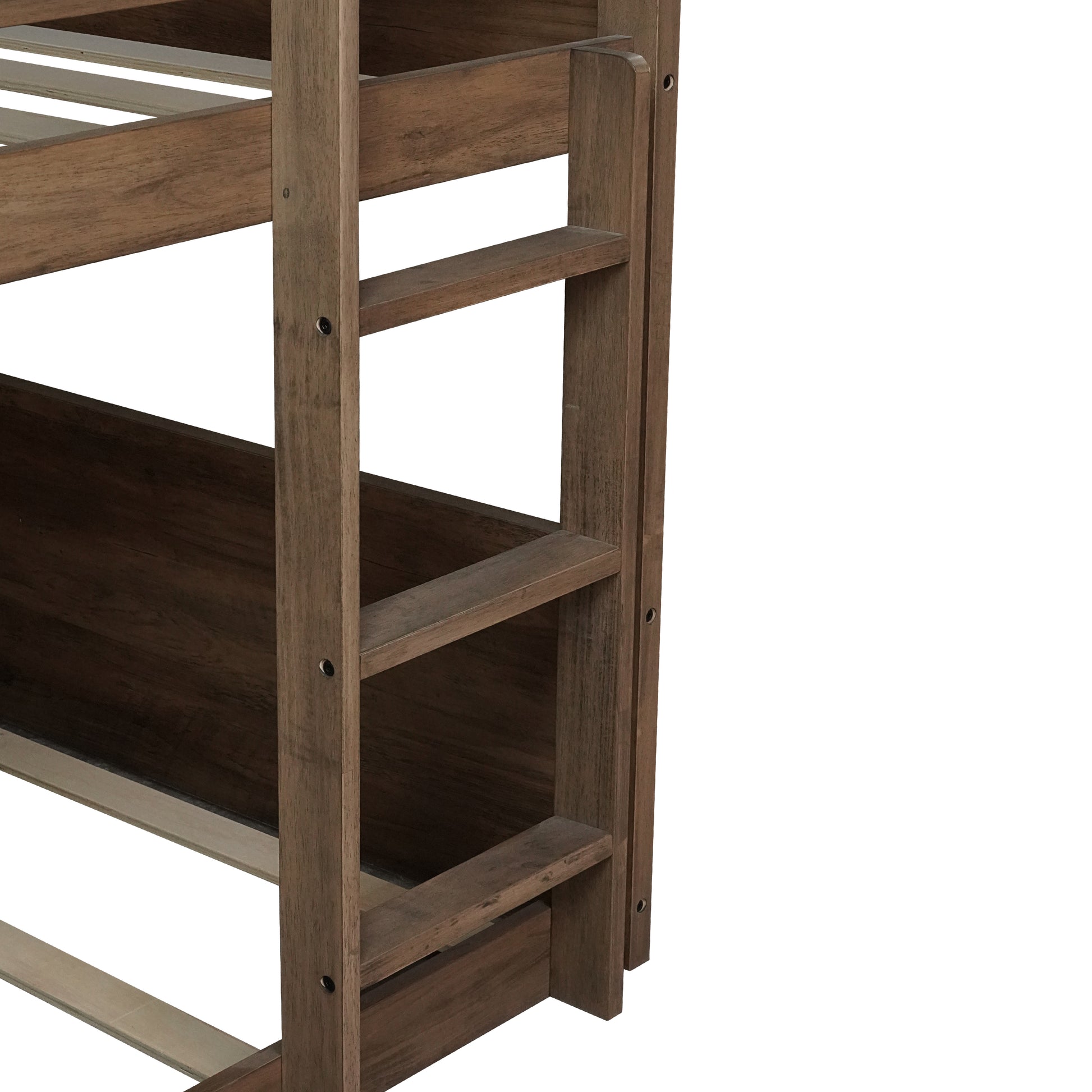 Twin over Twin Floor Bunk Bed with Panelled Headboard and Footboard, Solid Rubber Wood Foundation with Safety Guardrails, Built-in ladder,Antique Oak(Old Sku W504P263818) image 3