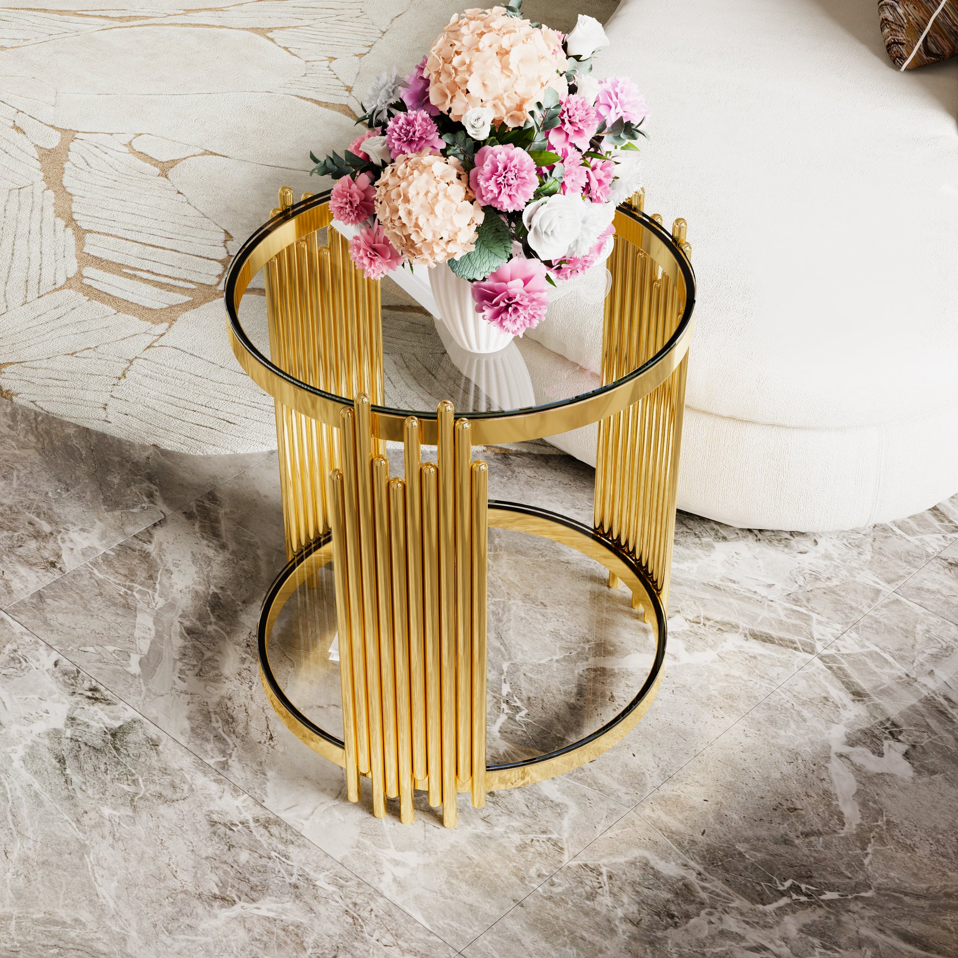 Modern Transparent Glass End Table for Living Room, Round, Asymmetrical Metal, Gold Finish & Lower Shelf, 19.8" image 8