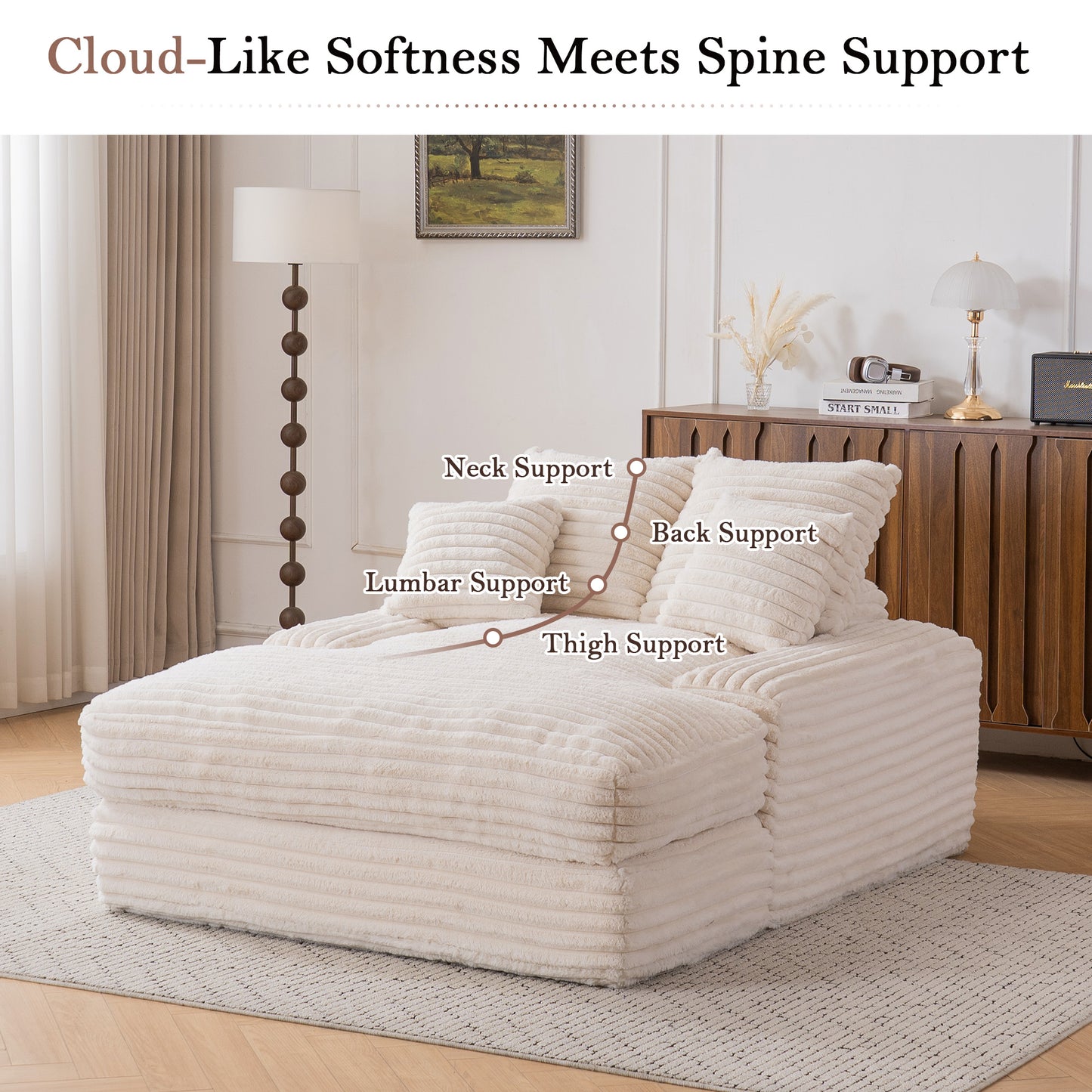 012-Luxury Corduroy Convertible Chaise Lounge with 4 Pillows, Ultra-Soft Sofa Bed No Assembly Required, Instant Setup Lounge Chair Bed for Living Room, Apartment & Small Spaces, Beige image 6