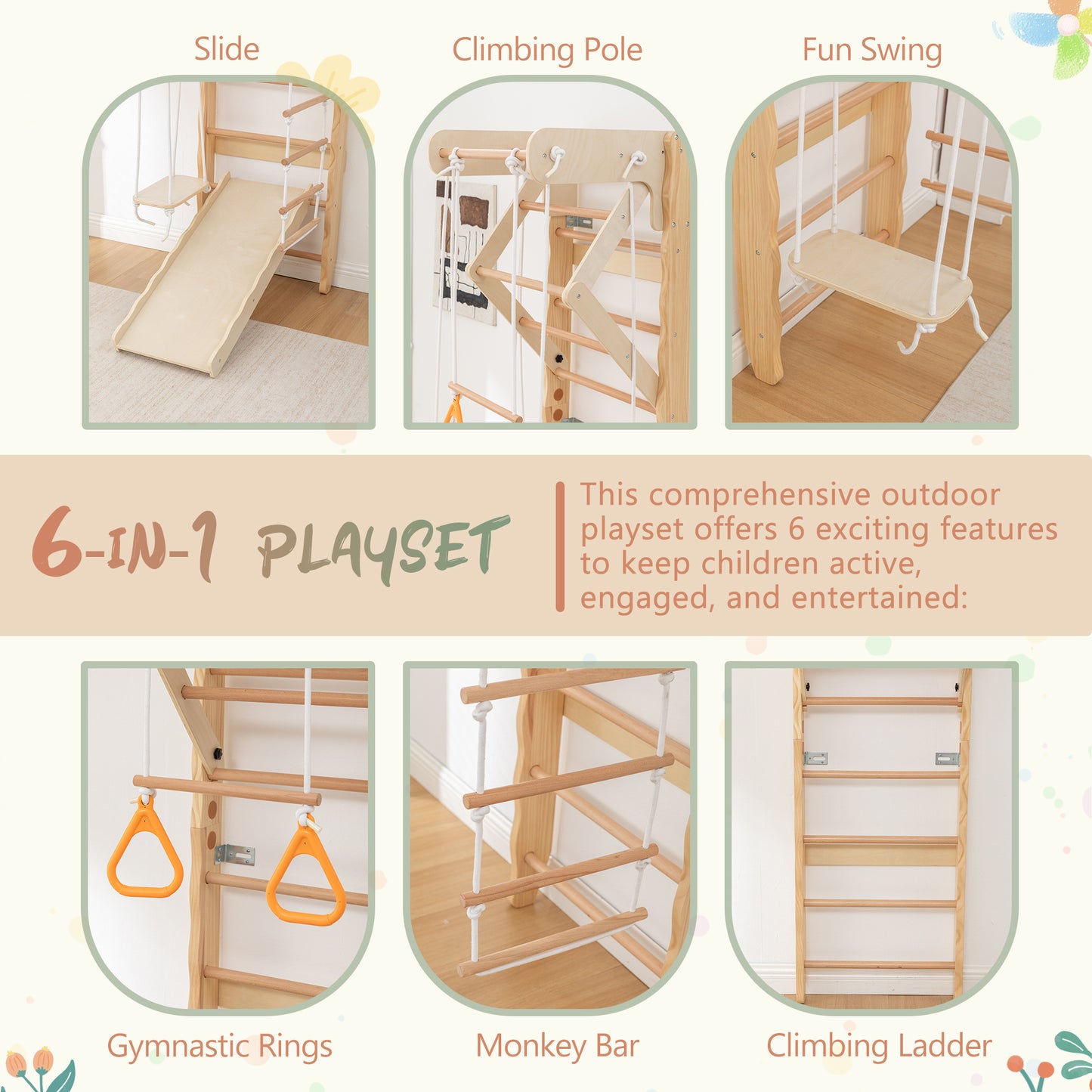 6-in-1 Swedish Ladder Wall Gym, Indoor Kids Playground with Swing, Rope Ladder, Pull-Up Bar, Slide, Gymnastic Rings, Wooden Wall Mounted Indoor Play Set for Kids & Adults image 7