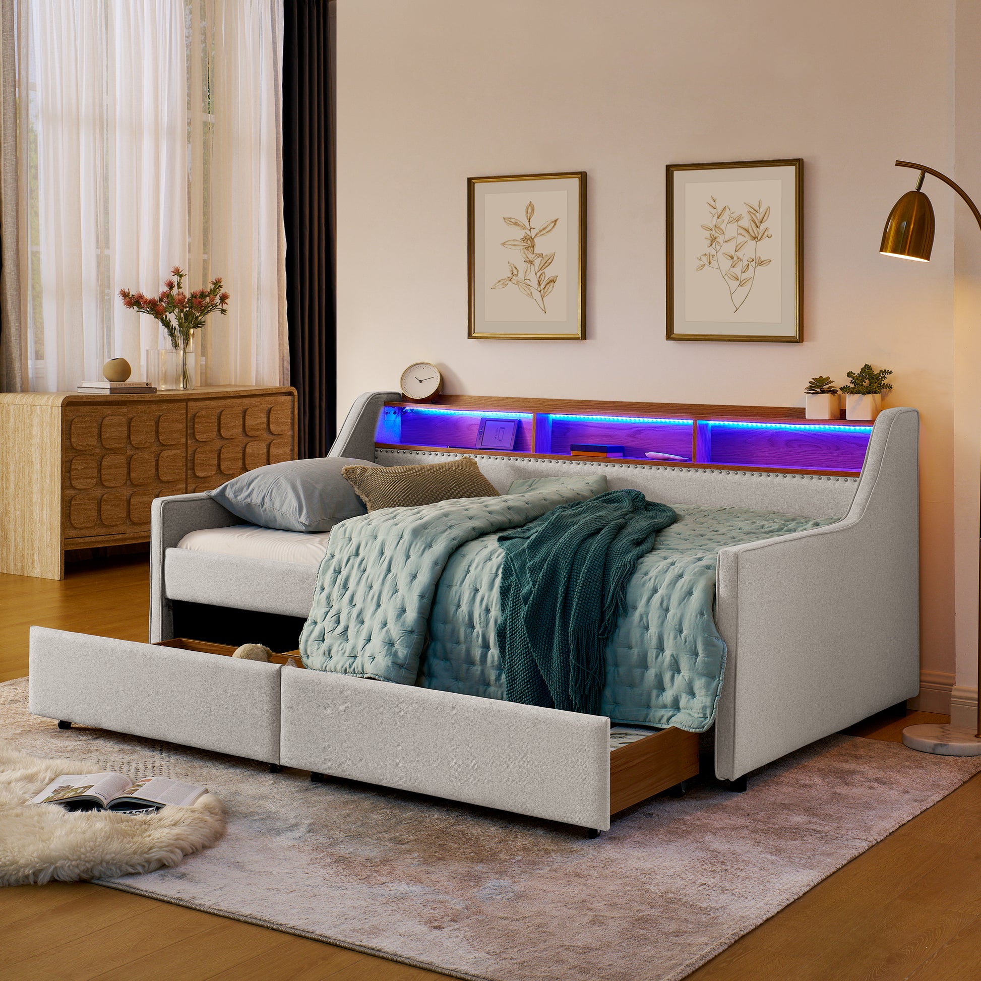 Twin Size Upholstery Sofa Bed with Three LED lights, with Storage Adjustable Headboard, with Two Storage Pull Up drawers and Wireless Charging, Linen Padded Sofa Bed frame, Beige image 3