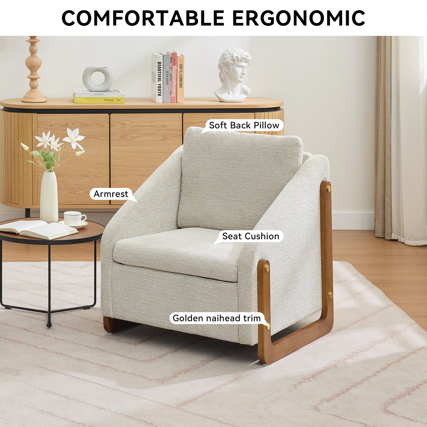057-Set of 1 Chenille Fabric Modern Upholstered Armchair with Wooden Side Frame, Accent Leisure Chair with Cushioned Seat and Backrest for Living Room, Bedroom,Beige image 4