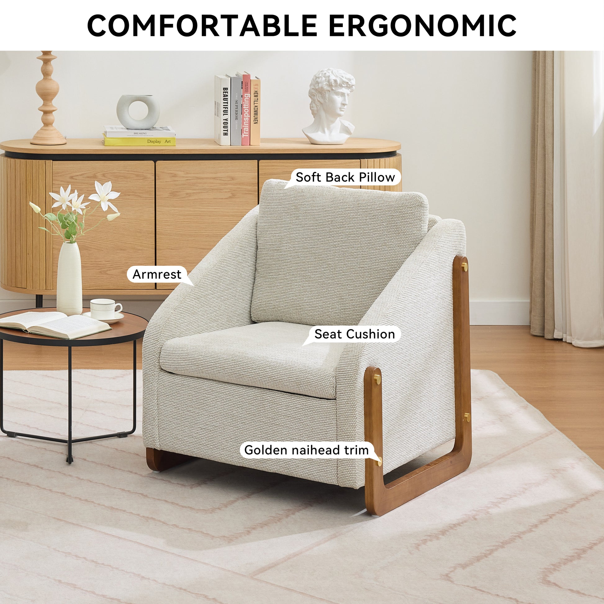 057-Set of 1 Chenille Fabric Modern Upholstered Armchair with Wooden Side Frame, Accent Leisure Chair with Cushioned Seat and Backrest for Living Room, Bedroom,Beige image 4