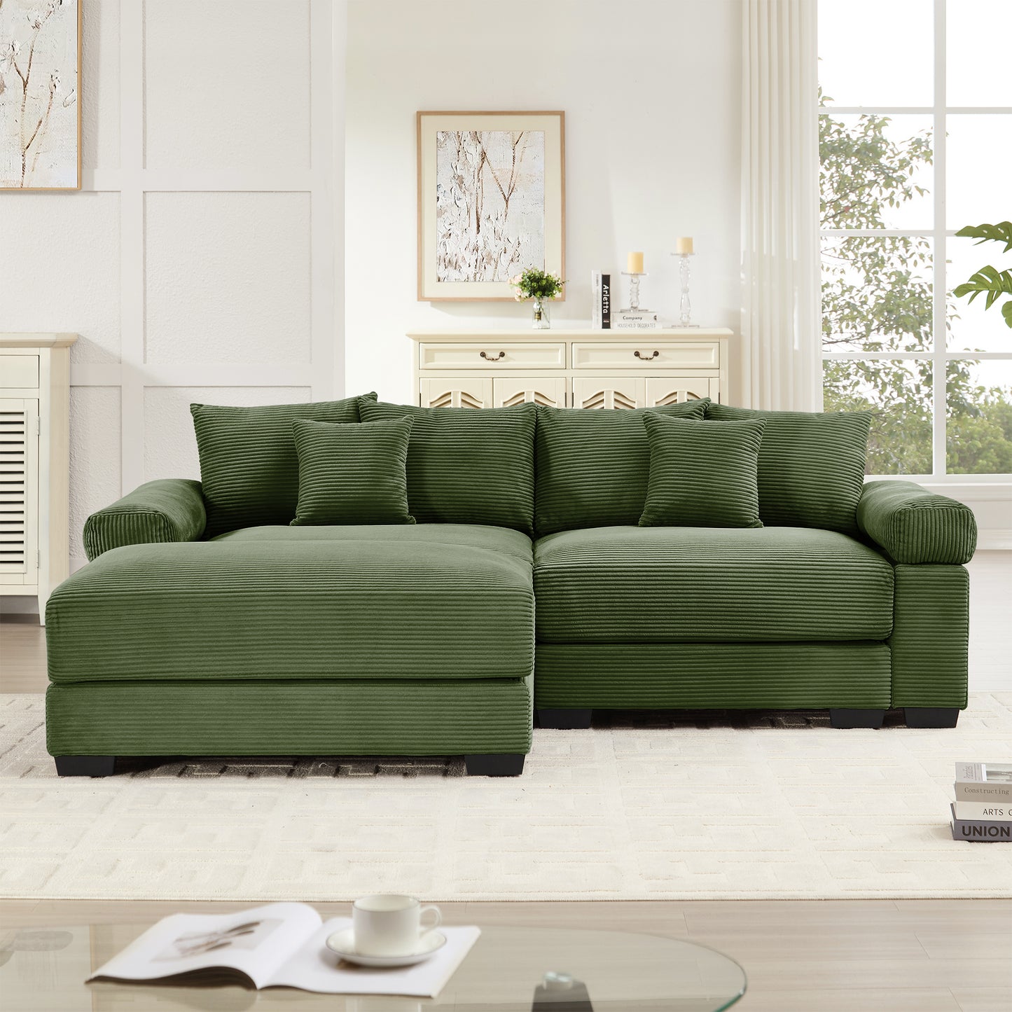 92" Oversized Cloud Modular L-Shape Sectional Couch, Soft Corduroy Fabric, with Chaise, Deep Seat Wide Armrests, Ergonomic Design, 6 Throw Pillows, Easy Assembly, for Living Rooms, Lounges,Green image 2