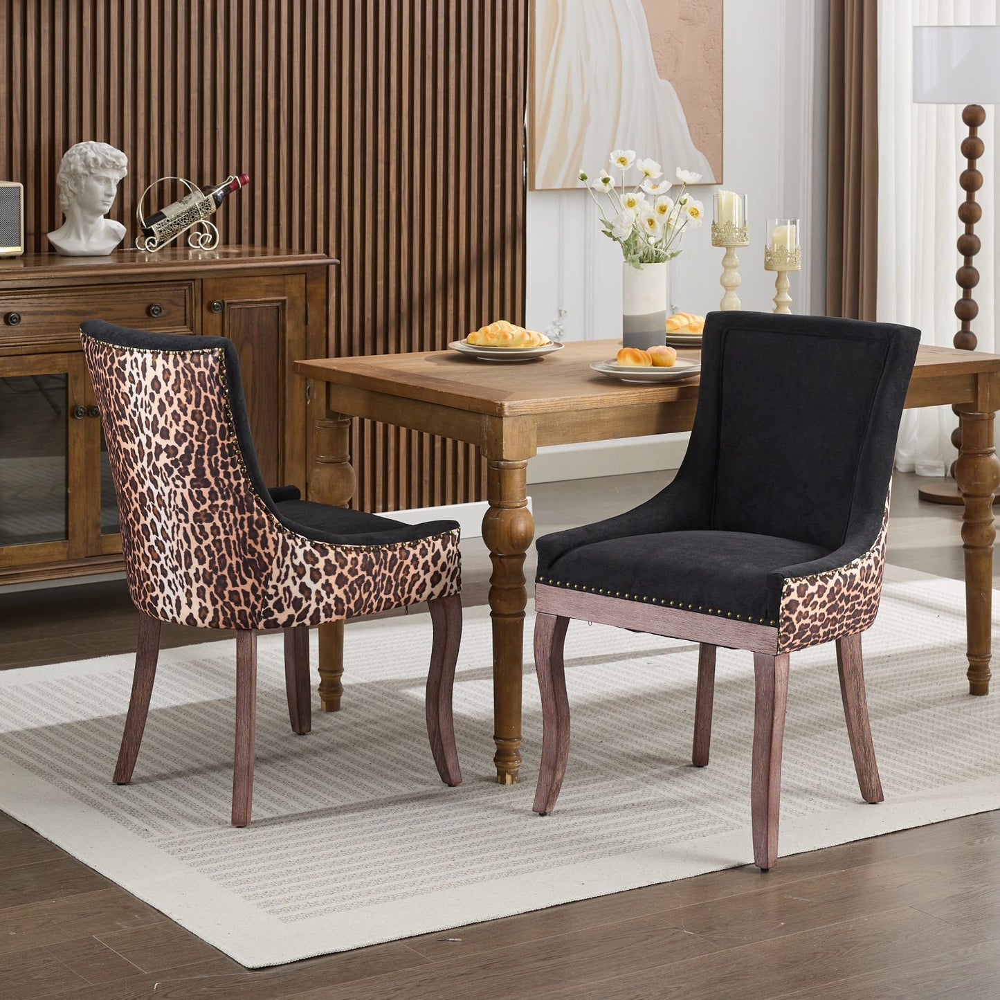 A&A Furniture,Ultra Side Dining Chair, Thickened fabric chairs with neutrally toned solid wood legs, Bronze nail head, Set of 2,Leopard Print image 1