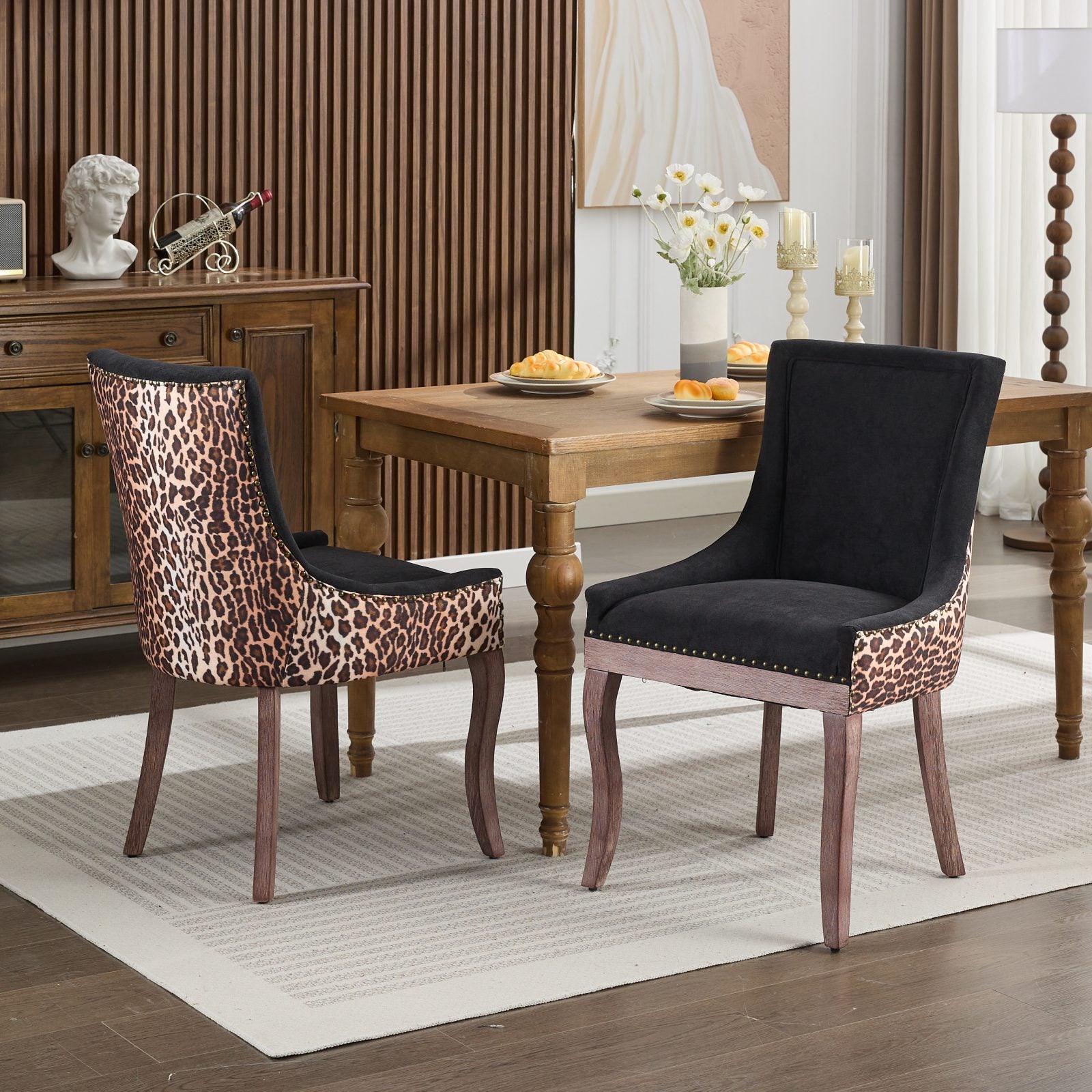 A&A Furniture,Ultra Side Dining Chair, Thickened fabric chairs with neutrally toned solid wood legs, Bronze nail head, Set of 2,Leopard Print image 1