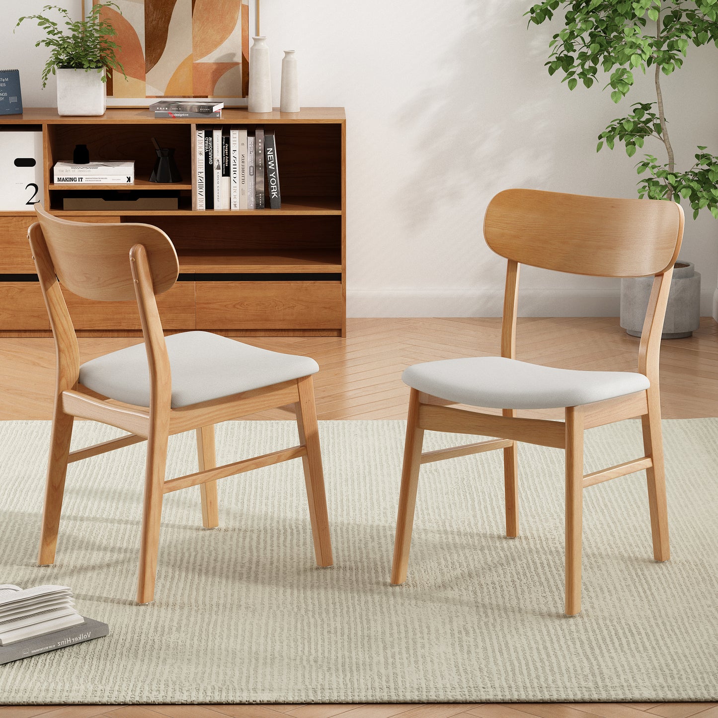 [Video] Set of 2 Dining Chairs - Fabric Cushioned Seat, Solid Rubberwood Legs, Light Beige (same sku: 58925.00LBE) image 2