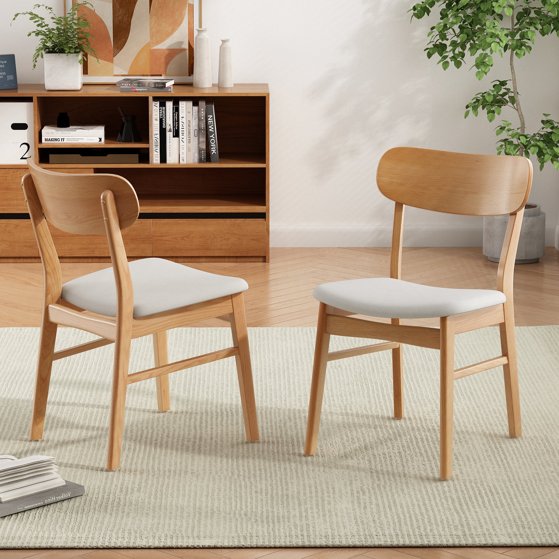 [Video] Set of 2 Dining Chairs - Fabric Cushioned Seat, Solid Rubberwood Legs, Light Beige (same sku: 58925.00LBE) image 2