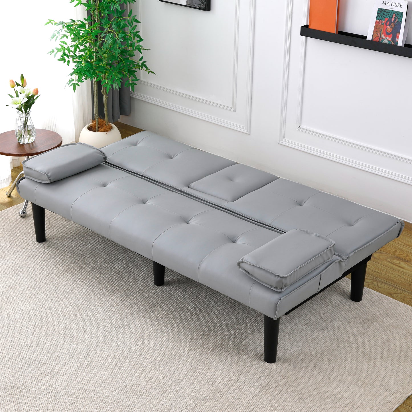 The 67-inch light gray PVC multi-functional sofa bed, with a foldable and cup holder design, makes it extremely convenient to turn the living room into a guest room image 7