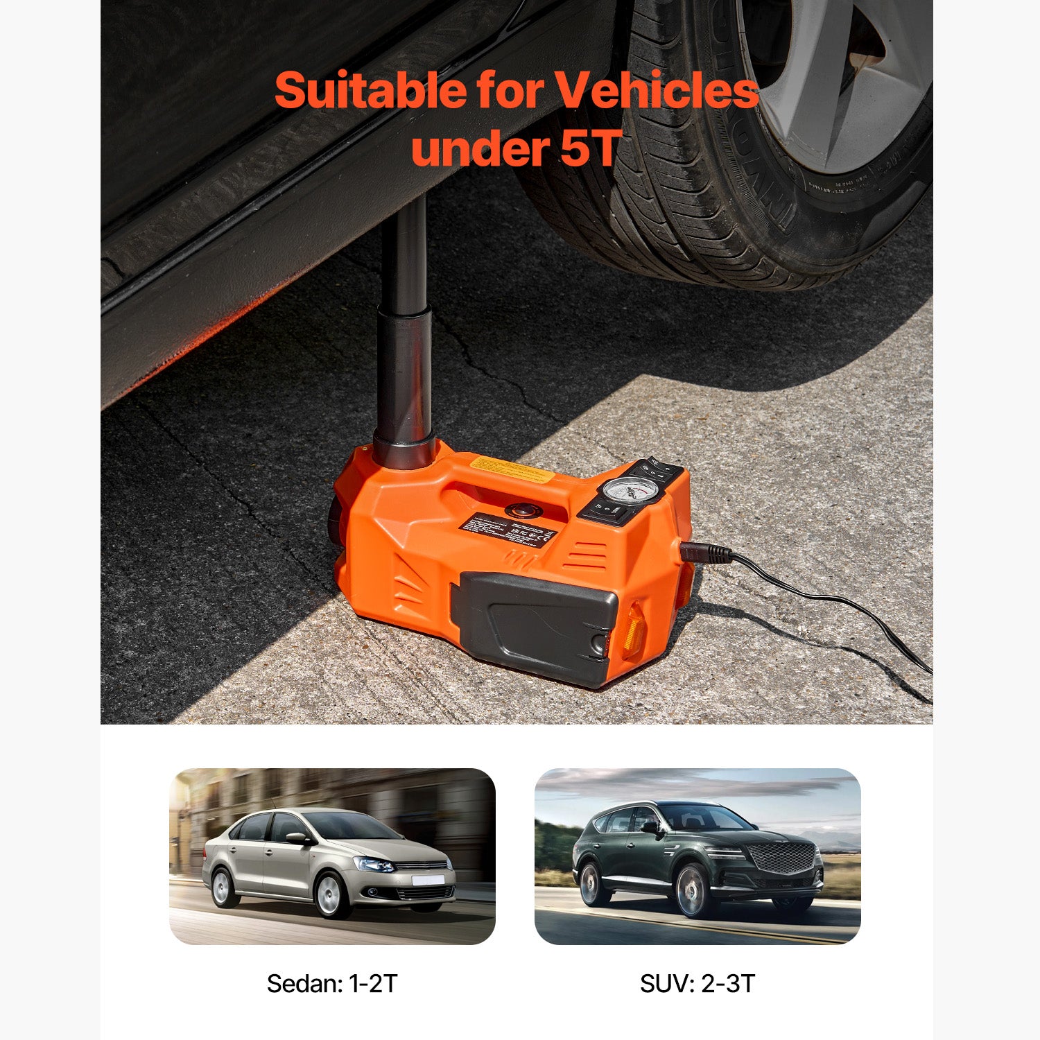 Electric Car Jack, 5 Tons /11000 lbs, Electric Scissor Jack with Built-In Inflator, 12V Adjustable Tire Change Replacement with Secure Hammer & LED Light, Portable Jack kit for Sedan, SUV, Truck image 3