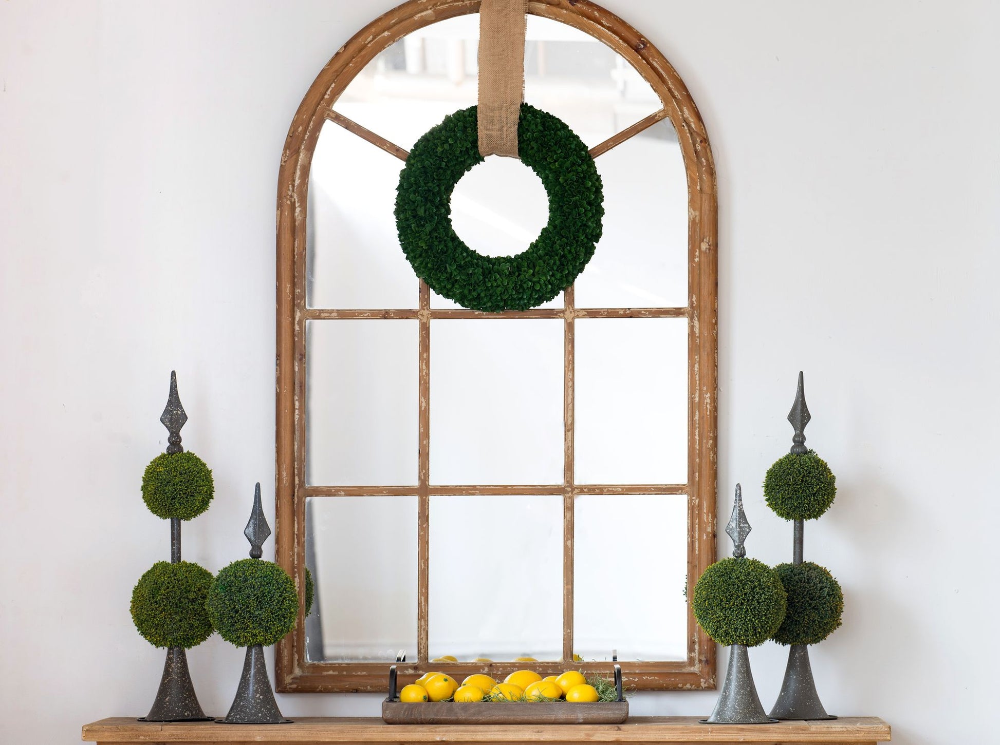 34x54.3" Large Arched Accent Mirror with Brown Frame with Decorative Window Look Classic Architecture Style Solid Fir Wo image 3