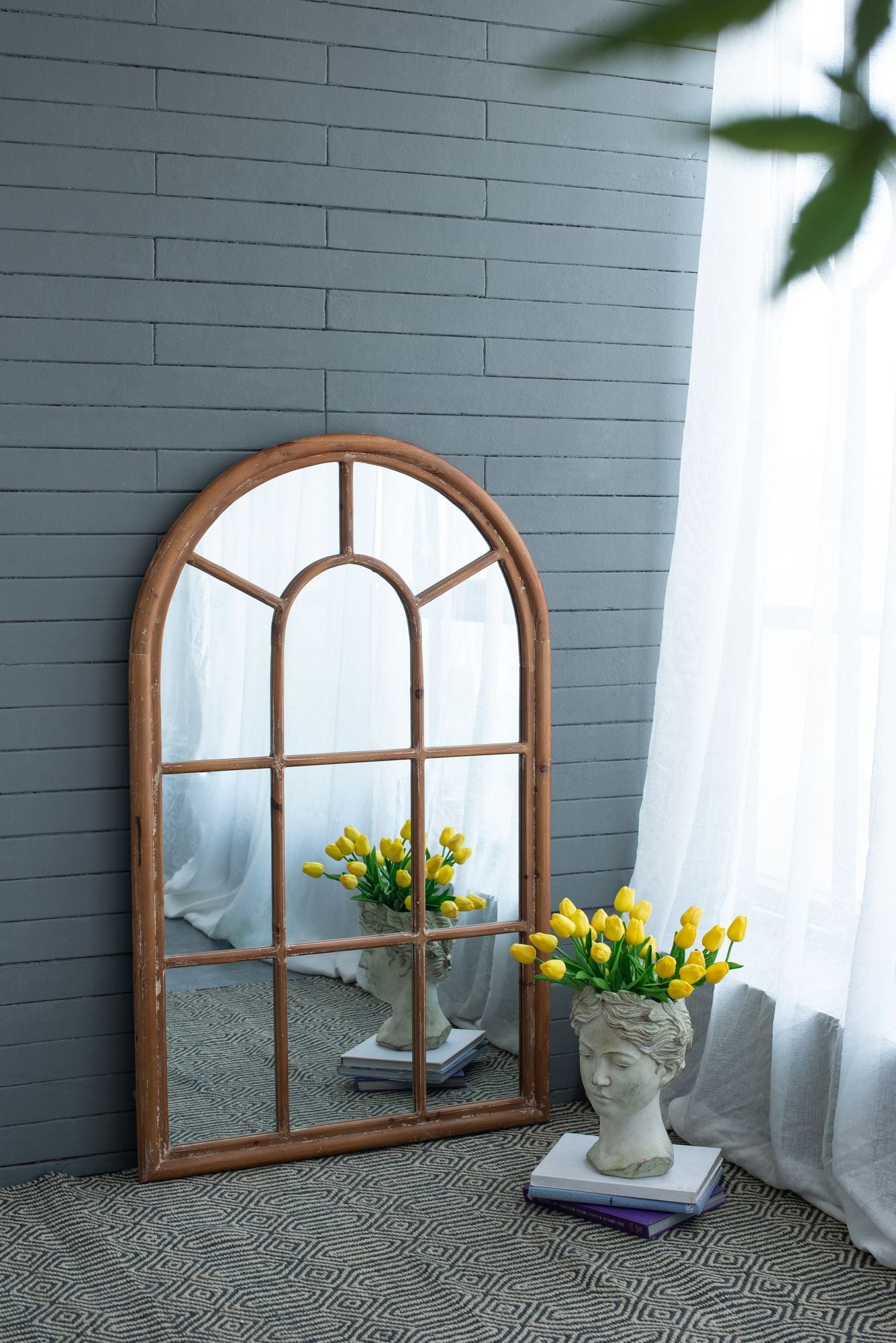 34x54.3" Large Arched Accent Mirror with Brown Frame with Decorative Window Look Classic Architecture Style Solid Fir Wo image 4