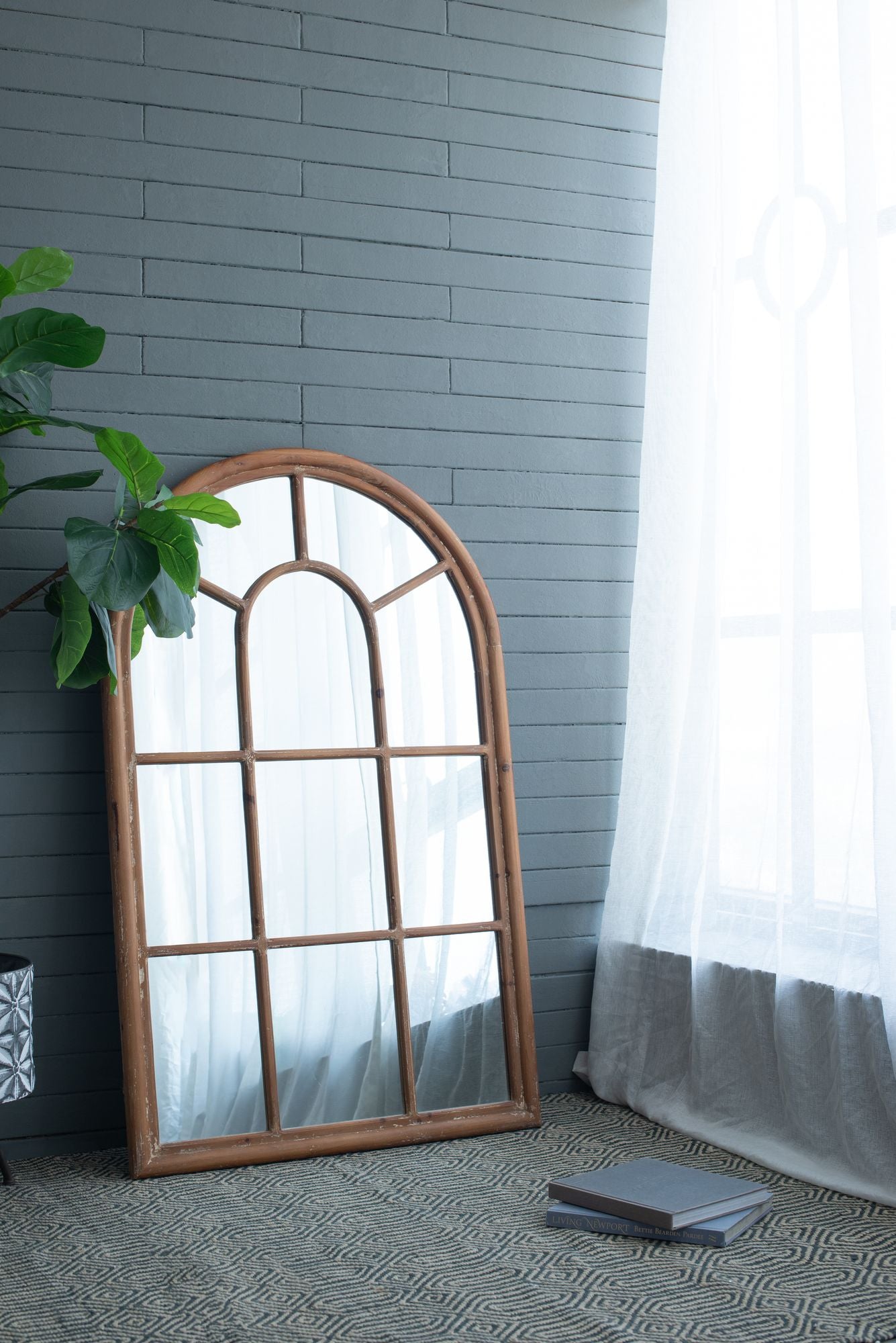 34x54.3" Large Arched Accent Mirror with Brown Frame with Decorative Window Look Classic Architecture Style Solid Fir Wo image 7