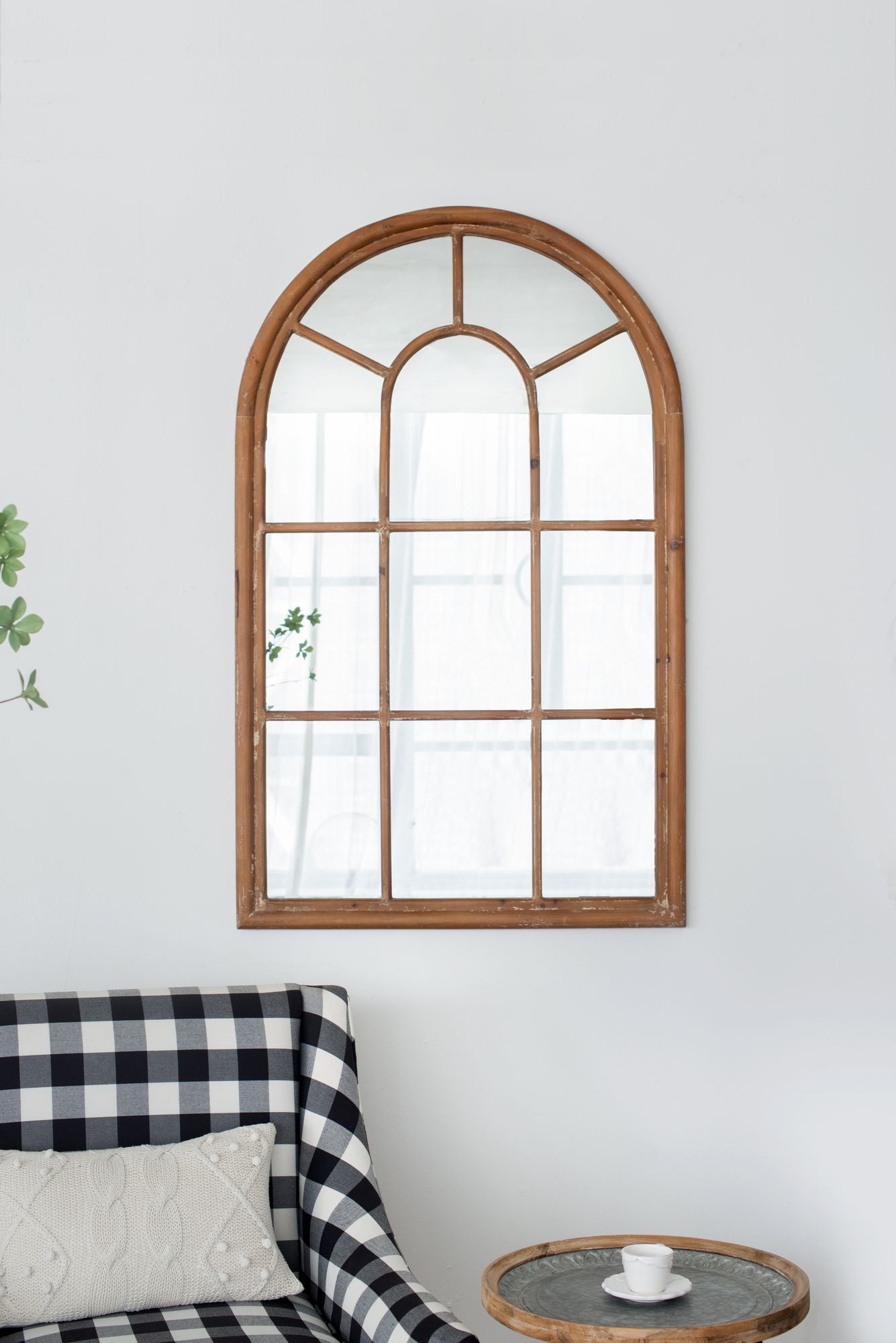 34x54.3" Large Arched Accent Mirror with Brown Frame with Decorative Window Look Classic Architecture Style Solid Fir Wo image 1