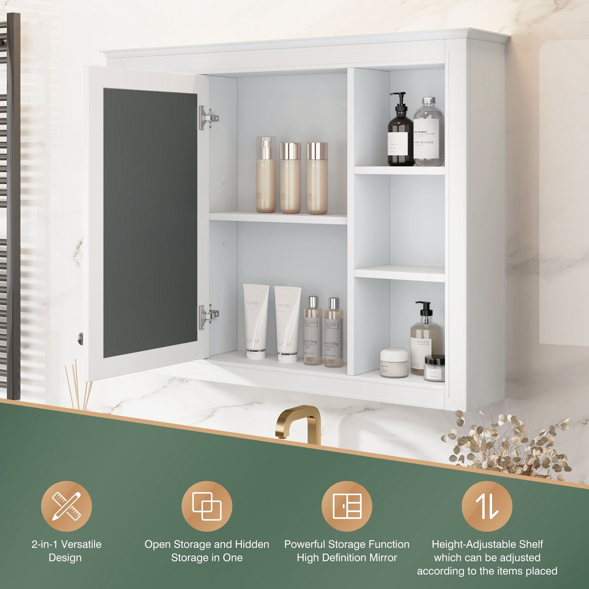35'' x 28'' Medicine Cabinet, Wall Mounted Bathroom Storage Cabinet, Modern Bathroom Wall Cabinet with Mirror, Mirror Ca image 7