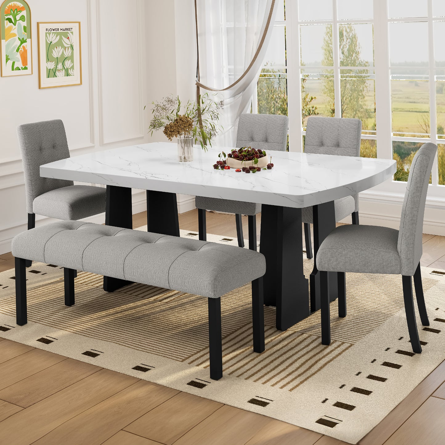 6 Piece Modern Dining Table Set, 63" Faux Marble Dining Table with Geometric Legs & 4 Upholstered Chairs & 1 Bench, Suitable for Dining Kitchen Room,Easy to Assemble, White+Gray image 1