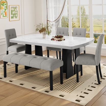6 Piece Modern Dining Table Set, 63" Faux Marble Dining Table with Geometric Legs & 4 Upholstered Chairs & 1 Bench, Suitable for Dining Kitchen Room,Easy to Assemble, White+Gray image 1