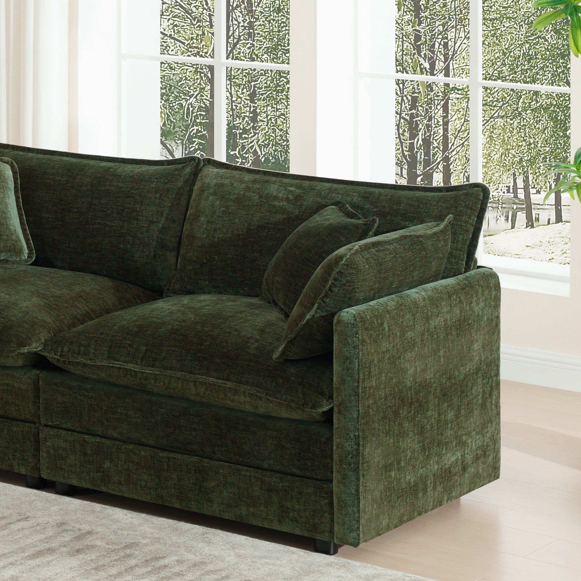 U-Shaped Sectional Sofa w/Reversible Footrest, 3-Seater Convertible Corner Couch with 2 Ottomans,Modern Minimalist Soft Sofa & Couch for Living Room, Green Chenille image 6