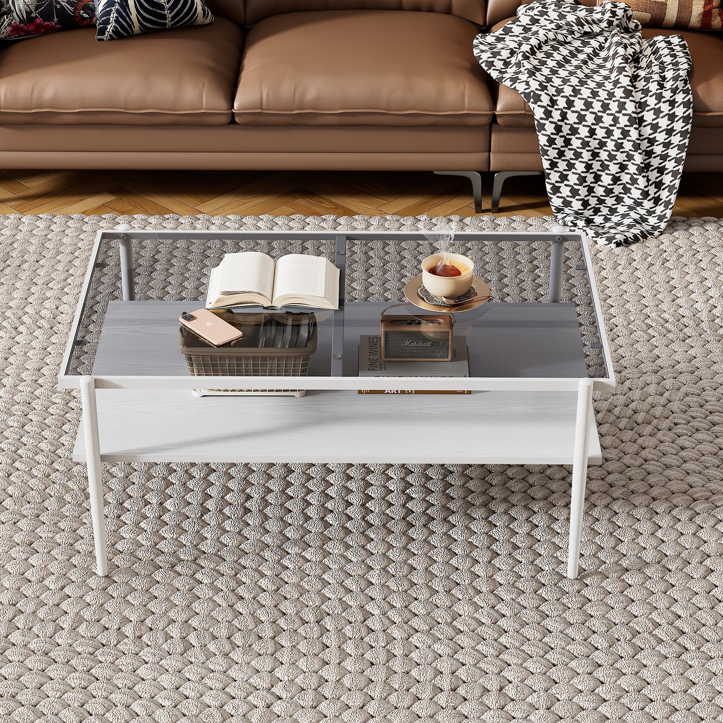 Rectangle Coffee Table with Gray Tempered Glass top and White Legs, Modern Table for Living Room image 3