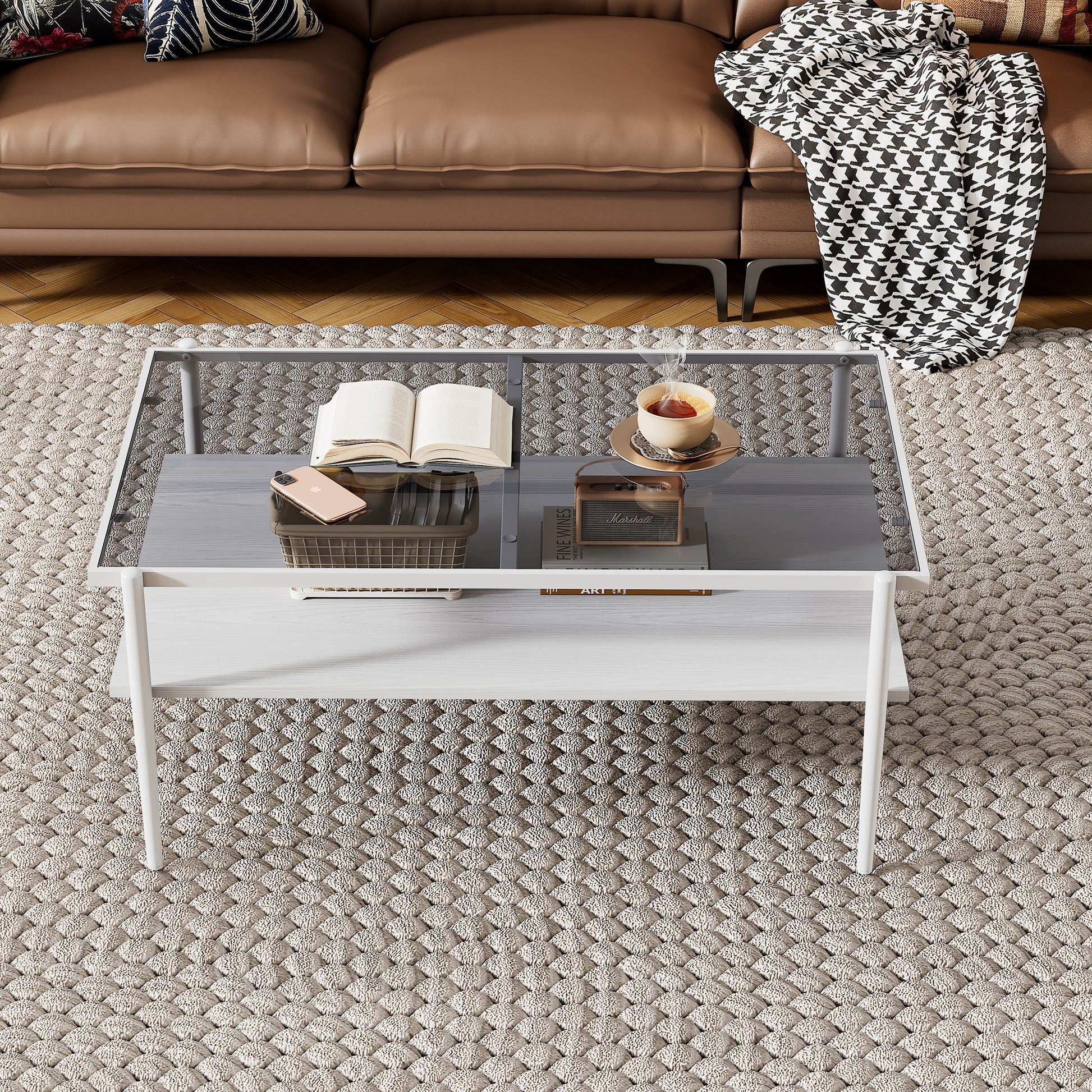 Rectangle Coffee Table with Gray Tempered Glass top and White Legs, Modern Table for Living Room image 3
