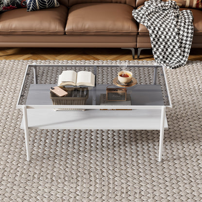 Rectangle Coffee Table with Gray Tempered Glass top and White Legs, Modern Table for Living Room image 3