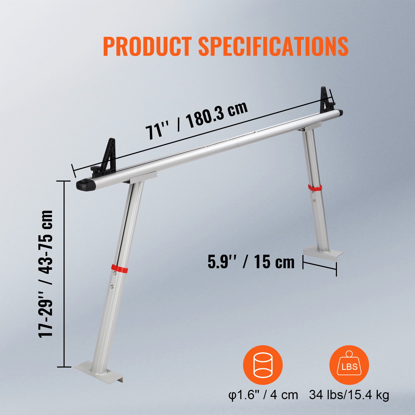 Truck Rack, 800 lbs Capacity, 17-29in Adjustable Height, Aluminum Ladder Rack for Truck with 8 Non-Drilling C-clamps, Heavy Duty Truck Bed Rack Two-Bar Set for Kayak, Surfboard, Lumber, Ladder image 5