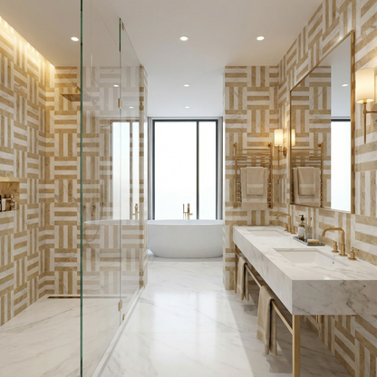 12x12 White Gold 2 color Waterjet polished marble tiles set, natural marble, for floor and wall, natural stone, genuine marble, real marble, 1 box each pattern 4 pcs image 6