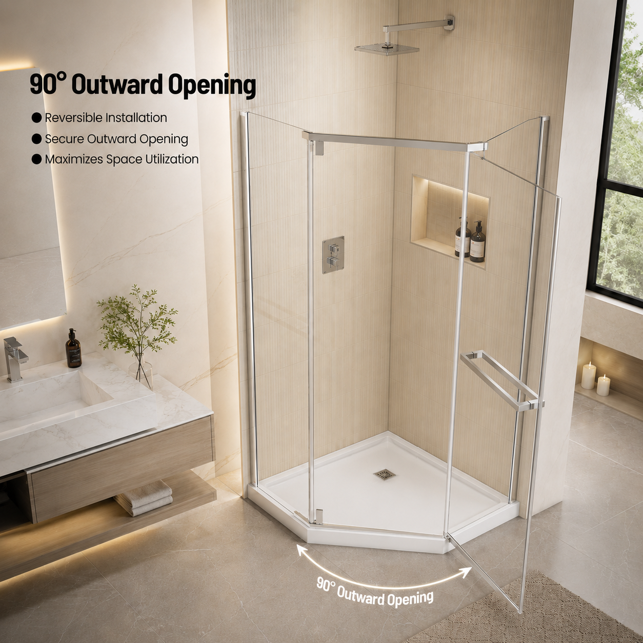 36" W x 72" H Neo-Angle Corner Shower Door, 1/4" (6mm) Clear Tempered Glass with Safety Film and Nano Coating, Framed Pivot Design, Chrome image 6