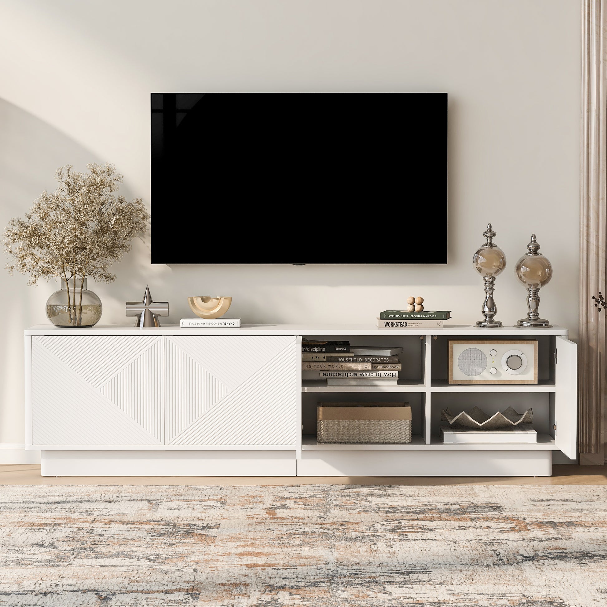 U-Can Stylish 4-Door Wave Design Cabinet with Adjustable Shelves & LED Accent image 1