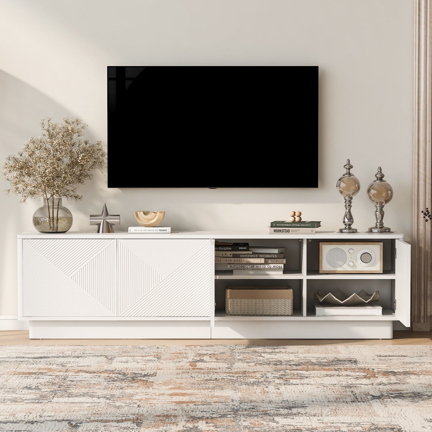 U-Can Stylish 4-Door Wave Design Cabinet with Adjustable Shelves & LED Accent image 1