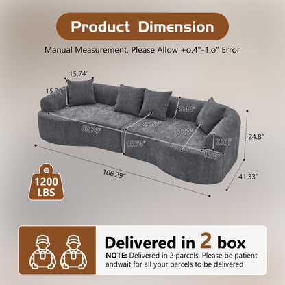 Curved Boneless Sofa,Compression Modular 108'' Sectional,Grey High-Density,Couches Sleeper for Living Room Bedroom Apartment Lounge,Chenille image 7