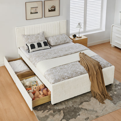 Queen Size Vertical Channel Tufted Headboard & Nailhead Trim Space Saving Upholstered Bed, Multi-functional Design with 2 Storage Drawers and Pull-out Trundle Bed, Chenille image 2