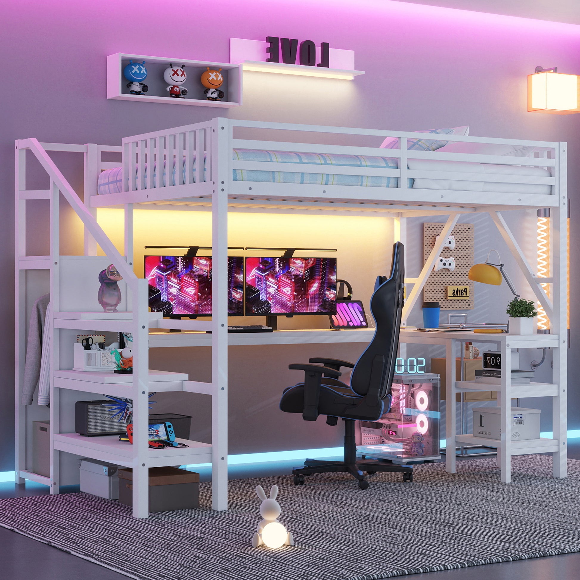 Metal Full Loft Bed with Wardrobe and LED Light, Full Size Loft Bed with L Shaped Desk and USB for Kids Teens Adults, White(Expect Arrival Date 2026/3/2) image 3