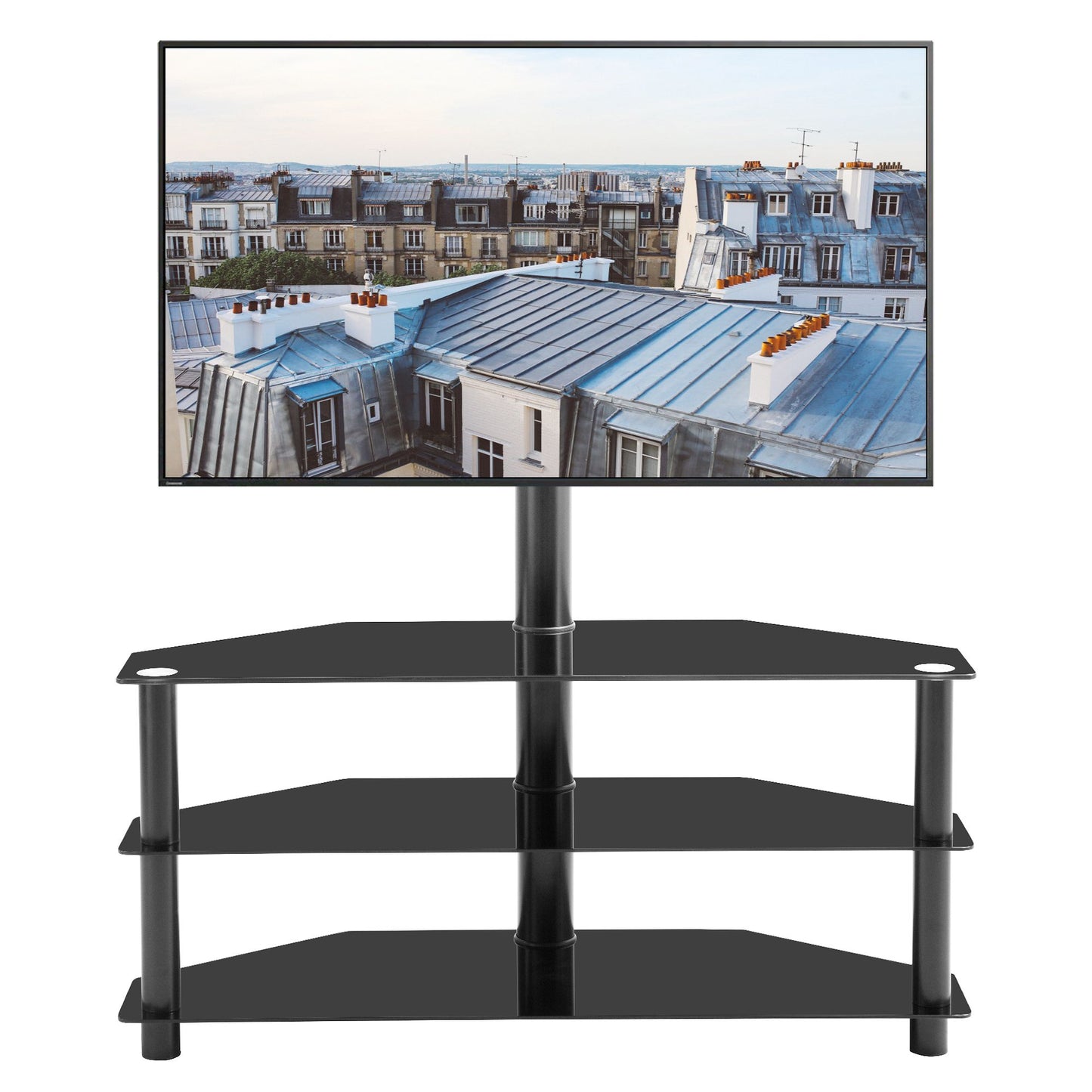Black 3-Tier TV Stand with Swivel Bracket - Close Up