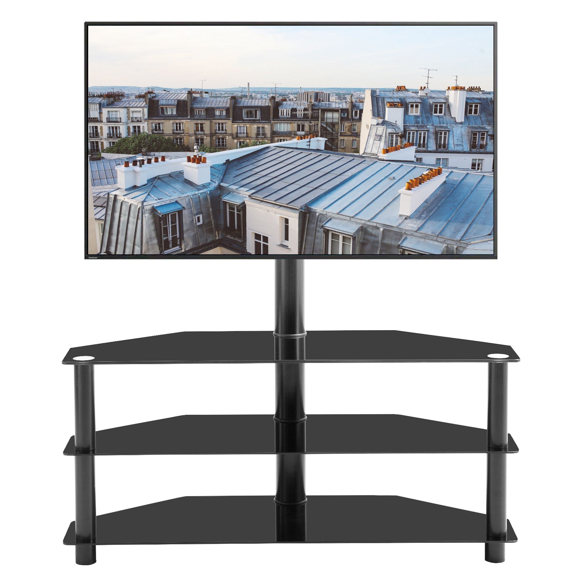 Black 3-Tier TV Stand with Swivel Bracket - Close Up