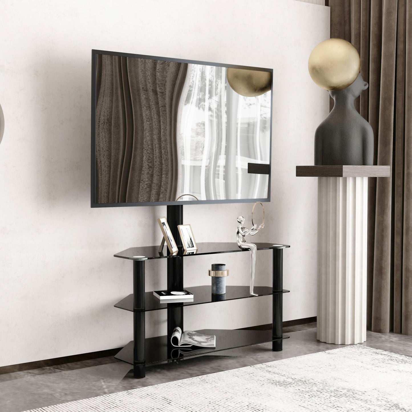 35.4 inch Black Multi-function TV Stand with Height Adjustable Bracket and Swivel - Front View