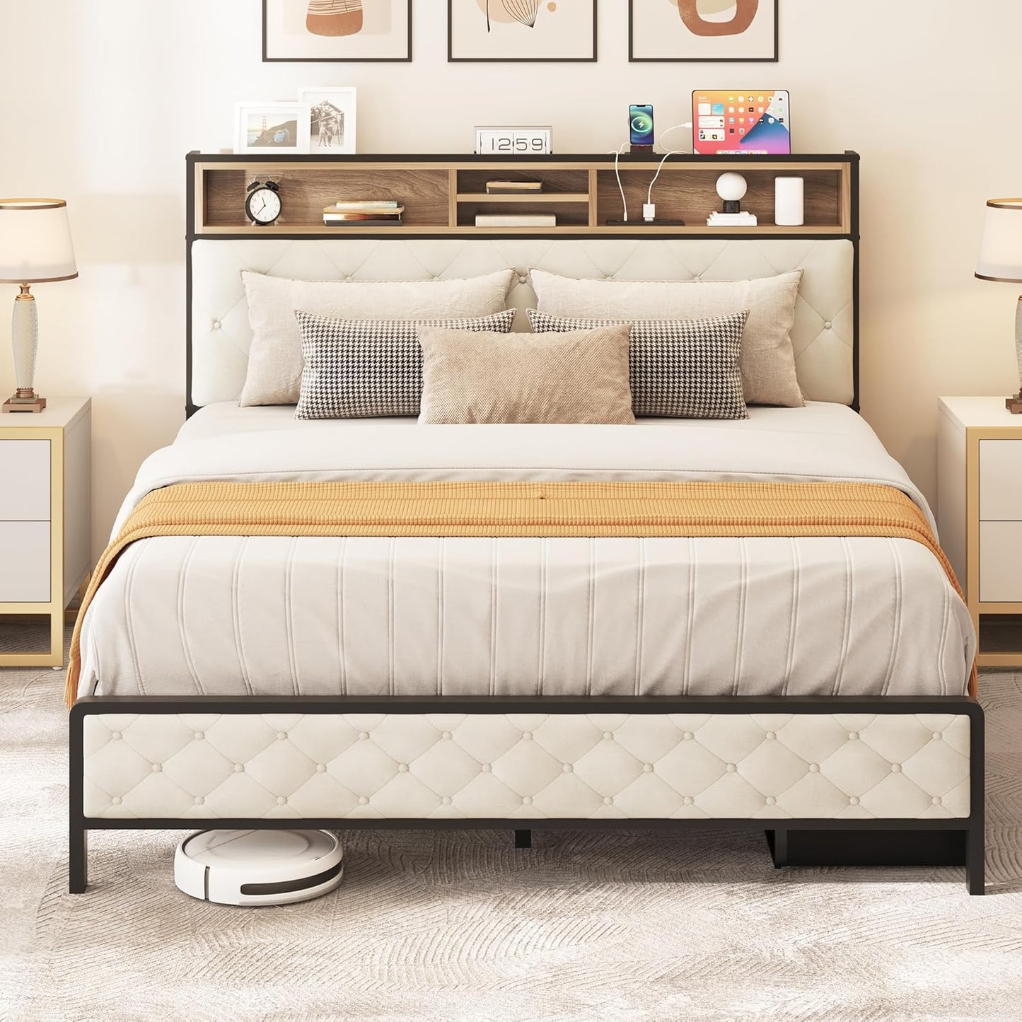 Queen Size Bed Frame, Platform Bed Frame with Charging Station, Upholstered Storage Headboard & Footboard Metal Slats Supports Mattress Foundation, No Box Spring Needed, Beige(No Drawers) image 3