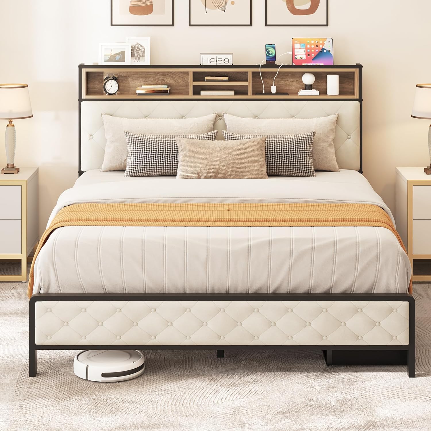Queen Size Bed Frame, Platform Bed Frame with Charging Station, Upholstered Storage Headboard & Footboard Metal Slats Supports Mattress Foundation, No Box Spring Needed, Beige(No Drawers) image 3