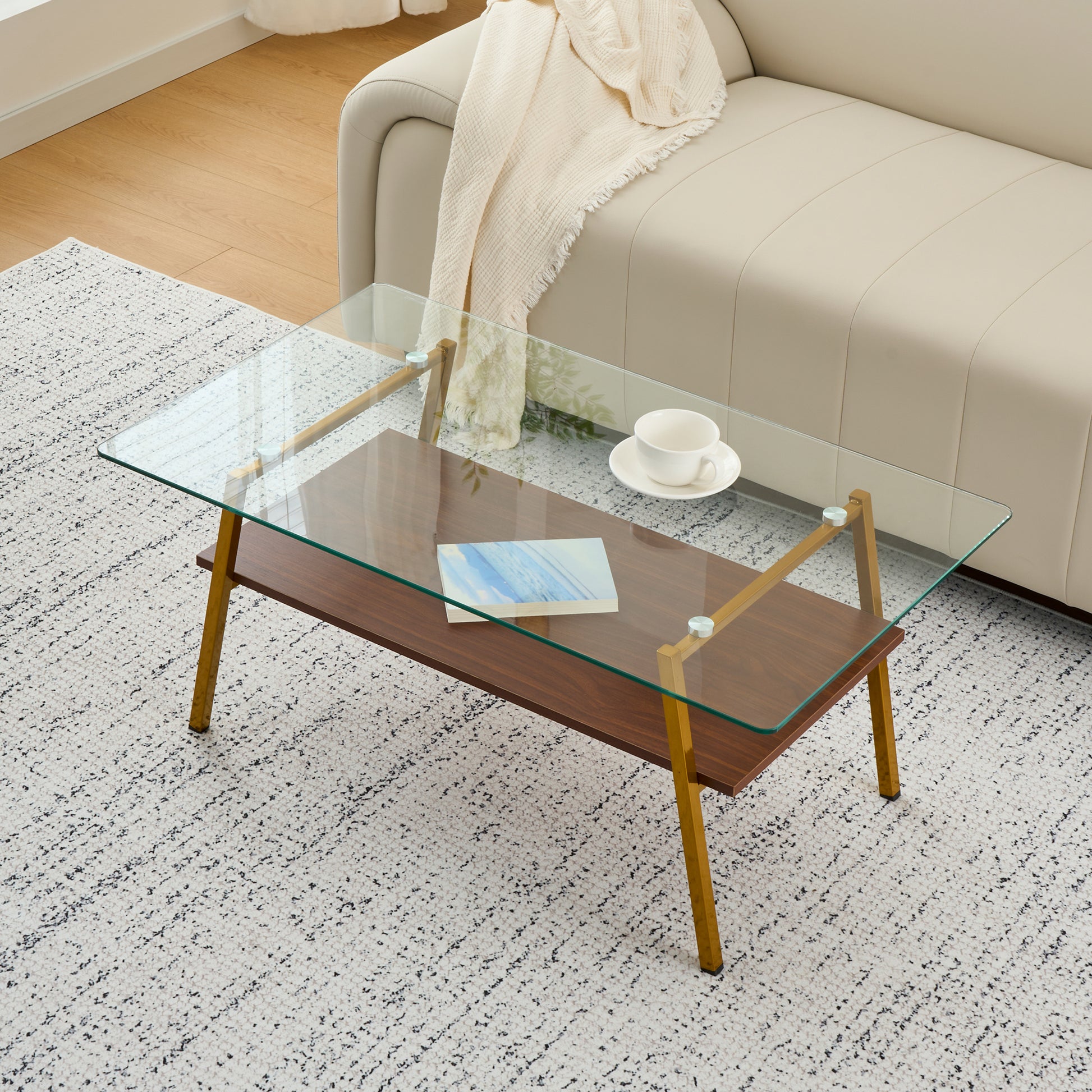Rectangle Coffee Table, Tempered Glass Tabletop with Gold Metal Legs, Modern Table for Living Room, Transparent Glass image 5