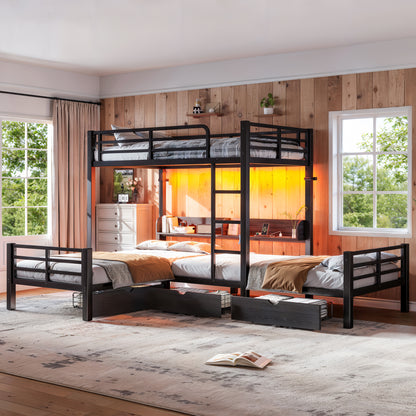 Triple Loft Bed with Storage Shelves and Drawers, Twin over Twin & Twin Loft Bed with Led Lights And Usb Ports, Space-Saving L－Shaped Loft Bed For 3, Black image 3