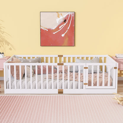 Twin Size Floor Bed with High Fence Railings, with Door, Rubber Wood Floor Bed with Safety Guardrails,White (Old Sku W504P287652) image 2